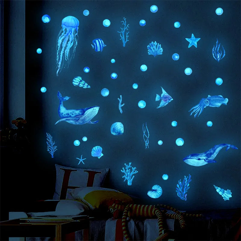 Ocean Creatures Glow in The Dark Wall Stickers Home Decor Luminous Fluorescent Sea Animals Decals for Baby Kids Room Decorations