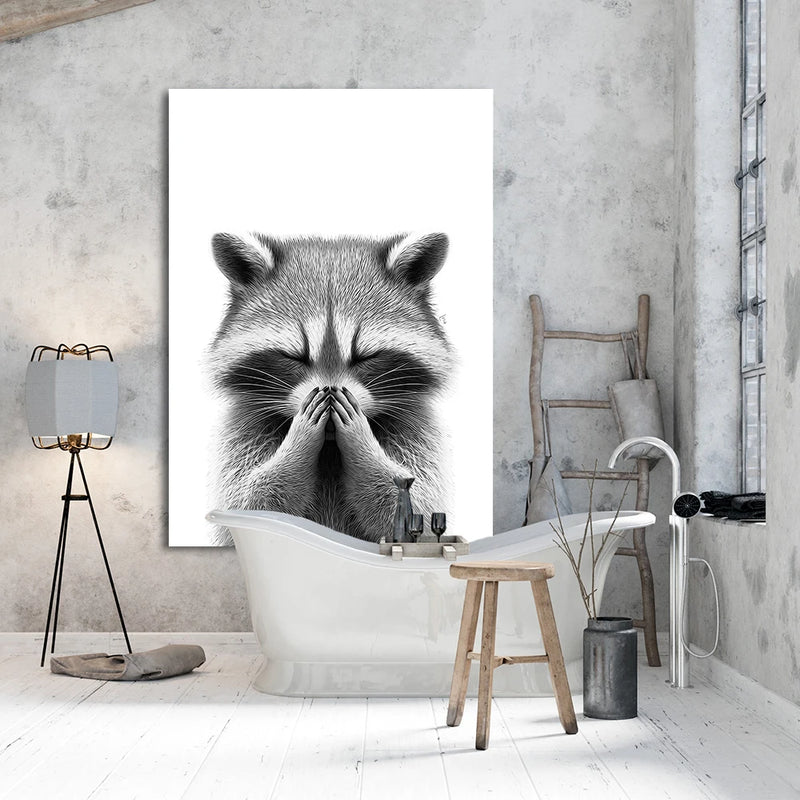 Adorable Raccoon Bathroom Roll Paper Prints Wall Art Canvas Painting Funny Toilet Poster Animal Cute Pictures Home Decoration