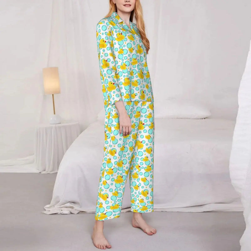 Pajamas Female Yellow Classic Ducks Daily Sleepwear Animal Two Piece Retro Pajama Sets Long Sleeve Elegant Oversize Home Suit