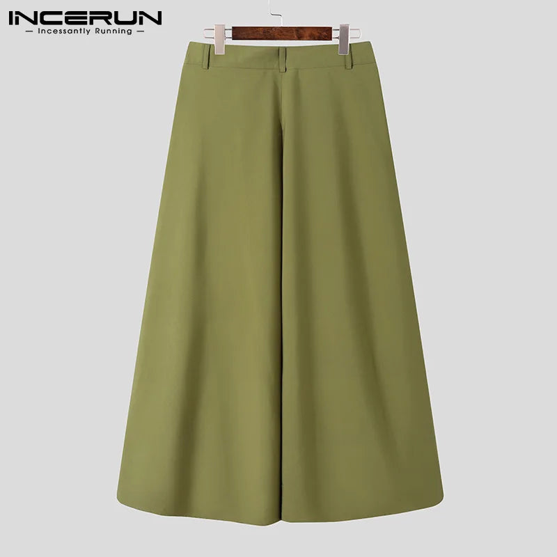 INCERUN 2024 Fashion New Mens Solid All-match Trousers Casual Streetwear Male Hot Sale Pantalons Pleated Long Skirts Pants S-5XL