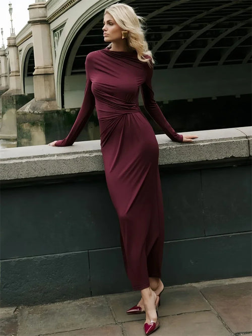 Tossy Fashion Herbst Plissiertes langes Kleid Damen Hohe Taille Schmale Bandage Einfarbig Elegant Pendlerkleidung Damen Y2k Maxikleid 2024