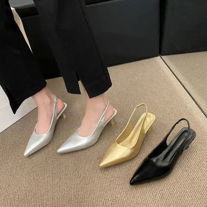 Fashion Female Shoes 2024 New Women's Pumps Solid Color Simple Mid Heel Shoes Sexy Pointed Toe Slingback Elegant Dress Shoes