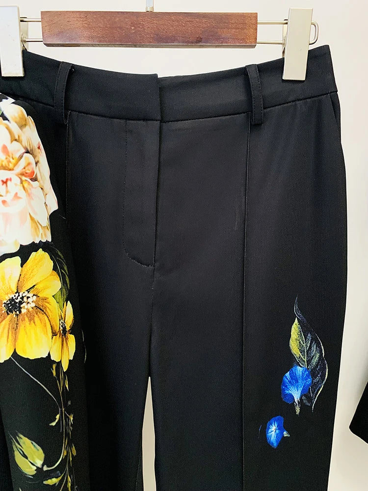 HIGH QUALITY 2024 Newest Designer Runway Suit Set Women's Single Button Floral Printed Blazer Flare Pants Suit 2pcs