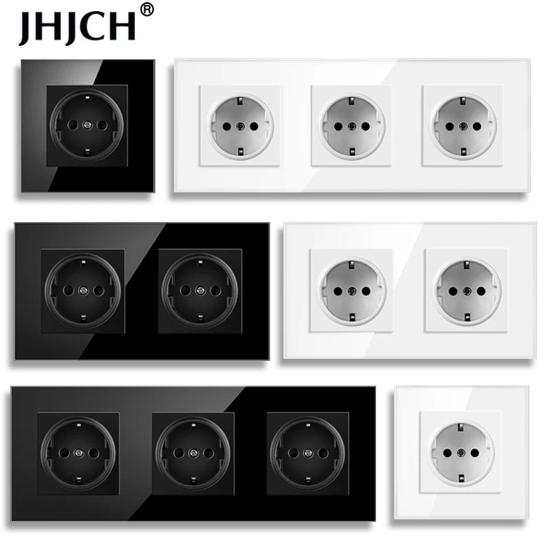 JHJCH wall crystal glass panel power socket plug has been grounded, 16a European standard power socket 86mm * 86mm