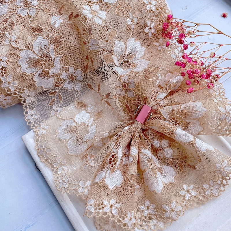 16CM Wide Light Coffee Tulle Mesh Floral Stretch Lace Embroidery Ribbon Clothing Scarf Dress Hemlines DIY Sewing Apparel Fabric