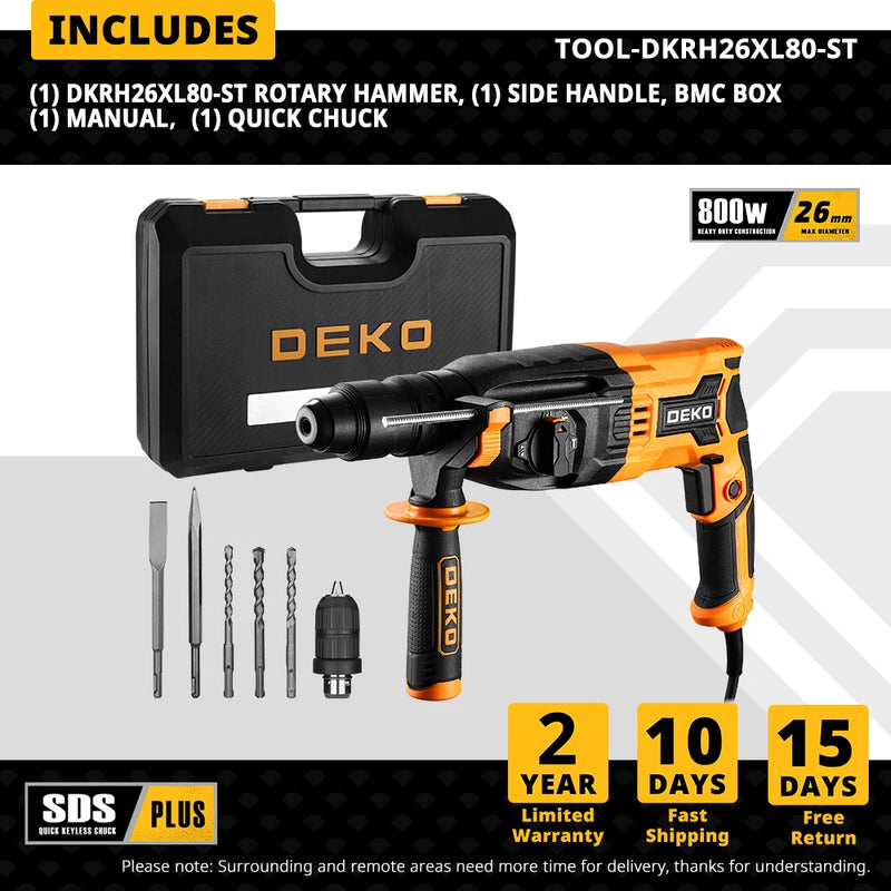 DEKO DKRH26XL80-ST 4 Functions Electric Rotary Hammer Multifunctional Rotary Accessories Electric Demolition Hammer Impact Drill