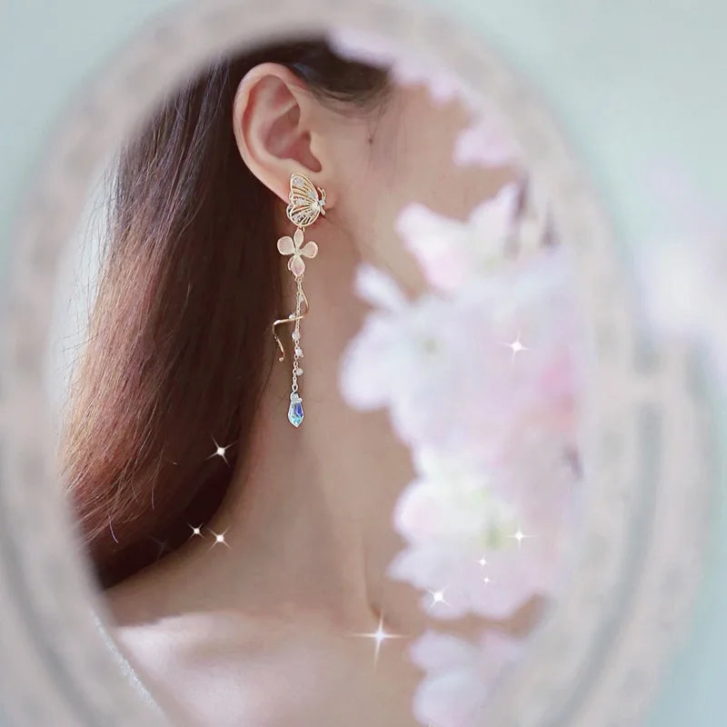 Korean Elegant Flower Butterfly Earrings For Women Exquisite Crystal Zircon Long Tassel Drop Earrings Girls Temperament Jewelry