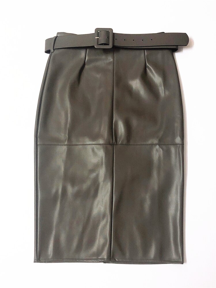 REALEFT Stylish PU Leather Wrap Midi Skirts with Belt Autumn Winter 2022 New Women High Waist Sheath Pencil Back Split Skirts