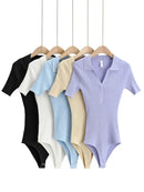 GOPLUS Bodysuit Women Sexy One Piece Summer Bodysuits Turn Down Collar Short Sleeve Black White Knitted Tops Body Femme C10933