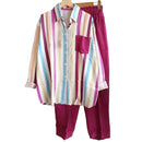 2Pcs/Set Shirt Pants Set Long Sleeve Casual Trendy Elastic Waist Breathable Polyester Stripes Blouse Pants Suit