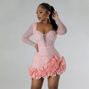 2024 Neues Damen Mesh Ärmel Bodycon Sexy Diamanten Geburtstagsparty Kleid Gestufte Rüschen Strass Perlen Nachtclub Kleid Pink