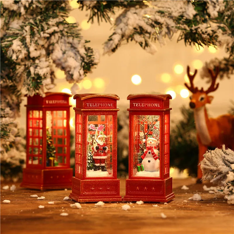 1Pc Christmas Light-Up Maroon Phone Booth With Santa Decorative Christmas Themed Snow Globe Light For ChristmasDecorative