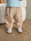 2026 Fall New Toddler Kids Pants Cotton Cartoon Embroidered Harem Pants Baby Boy Casual Striped Denim Baggy Trousers