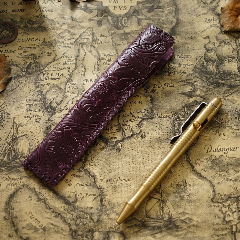 Genuine Leather Pencil Bag with Flower Embossed Leather Boy's and Girl's School Students Pen Holder Simple Retro Pencil Bag