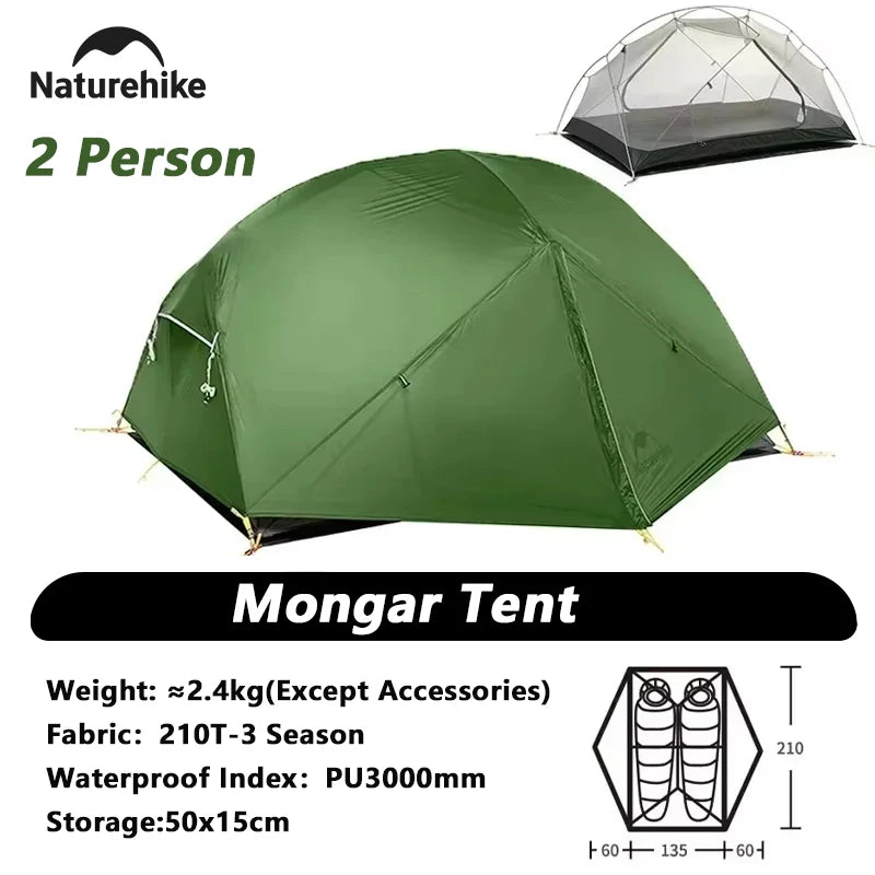 Naturehike Mongar 2 Camping Tent Ultralight Outdoor 3 Season Waterproof 20D Nylon Hiking Tent 2 Person Backpacking Tent