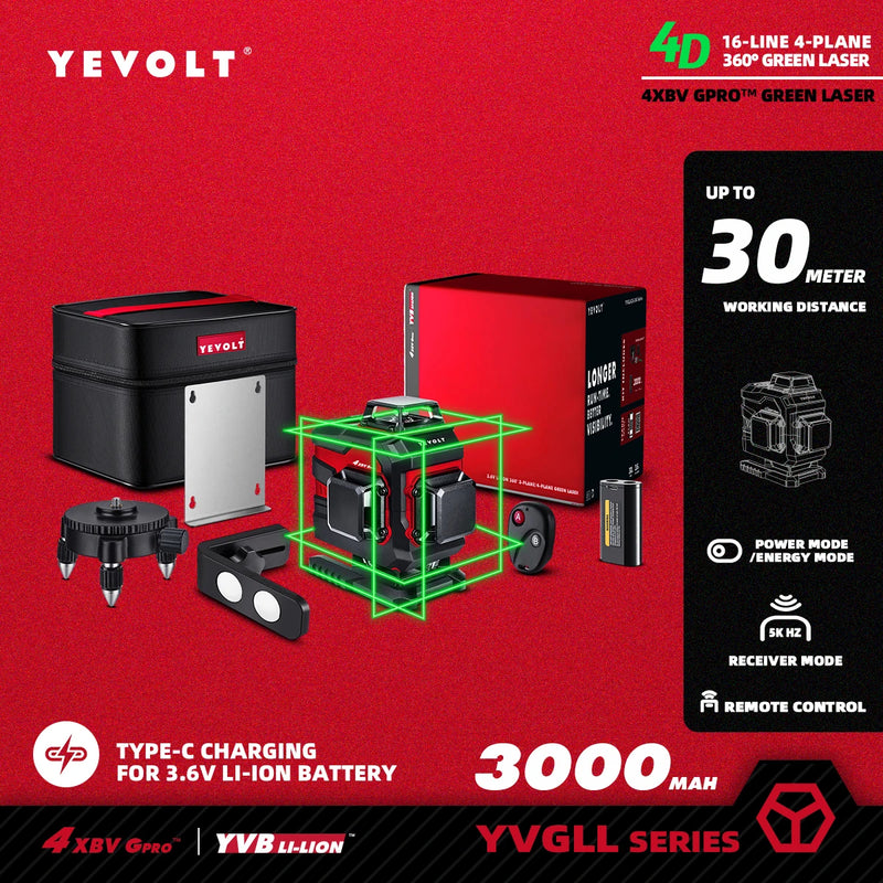 YEVOLT Laser Level Green Beam 4-Plane 16-Line Self-leveling 360 3D Ground-Hugging Horizontal & Vertical Tile Measuring Tools