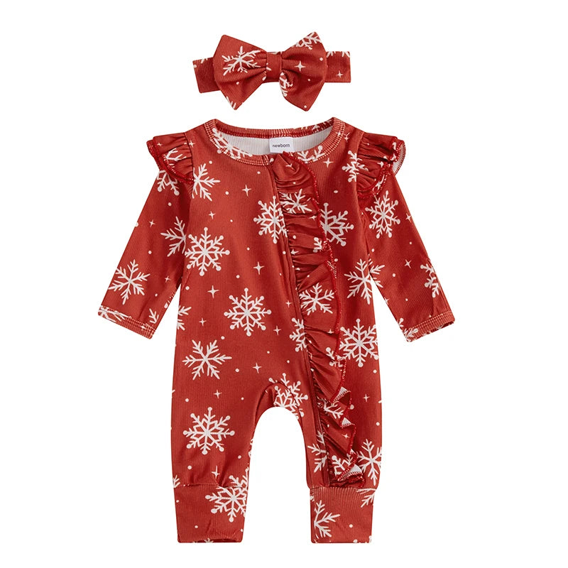 Toddler Christmas Romper Set with Matching Headband Festive Snowman and Snowflake Print Zip Up Jumpsuit for Baby Girl