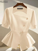 2025 ZANZEA Elegant Puff Sleeve Work Blouses Women Summer Shirts Square Neck Stylish Solid Buttons Tunic Tops Waisted OL Blusas