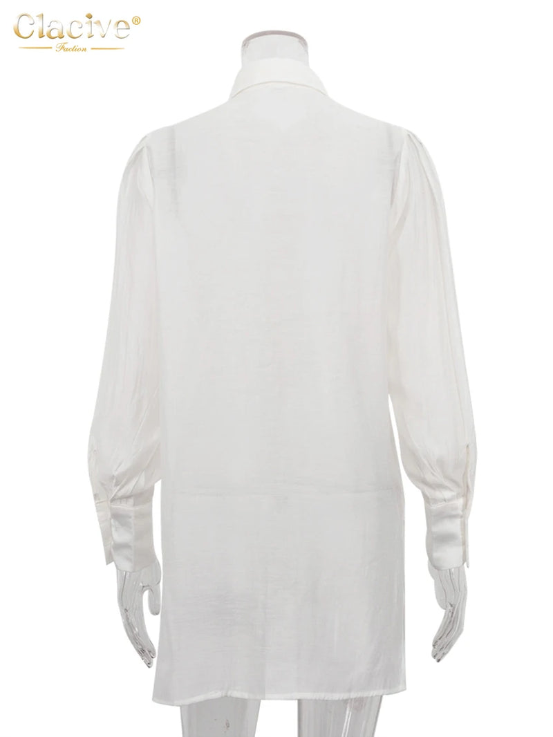 Clacive Fashion Loose White Women Blouse 2025 Casual Lapel Long Sleeve Shirt Elegant Classic Tie See Through Top Female Clothing