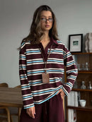 Bornladies Spring Summer New Women's Retro Striped Polo Collar Oversized Long Sleeve T - Shirt Trendy Casual Loose Basic Top