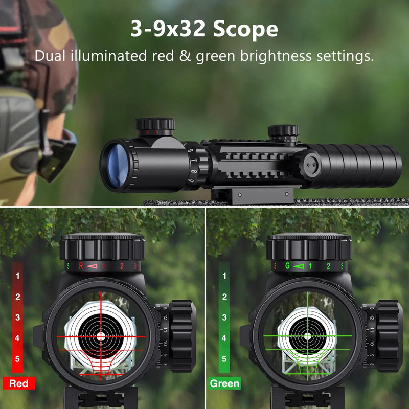 Riflescope 3-9x32 4-in-1 Scope Combo Green Laser Boresighter with Dual Illuminated Optics and 4 Holographic Sight