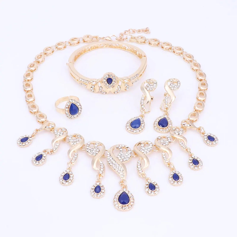 Gold Color Crystal African Beads Jewelry Sets For Women Dress Accessories Wedding Bridal Necklace Earrings Bracelet Ring Sets