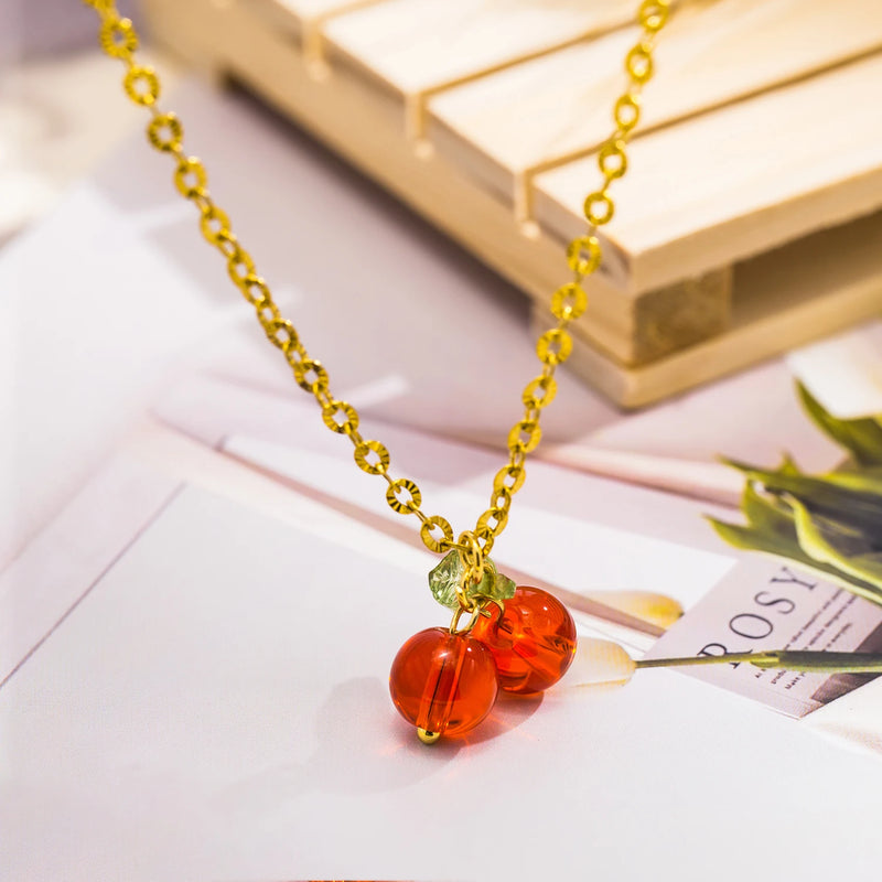 Elegant Red Cherry Bead Pendant Necklace for Women Exquisite 18K Gold Color Plated Stainless Steel Chain Jewelry Gifts