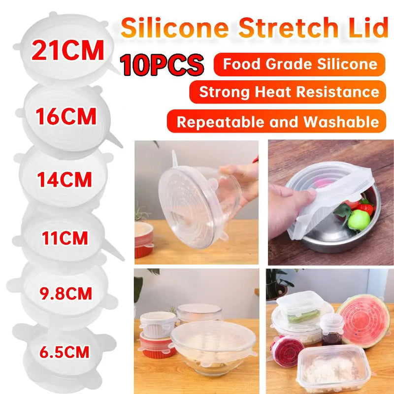 10pcs Heat Resistant Reusable Stretch Silicone Lids Universal Food Wrap Bowl Pot Pan Cover Cookware Lids Kitchen Fridge Cooking