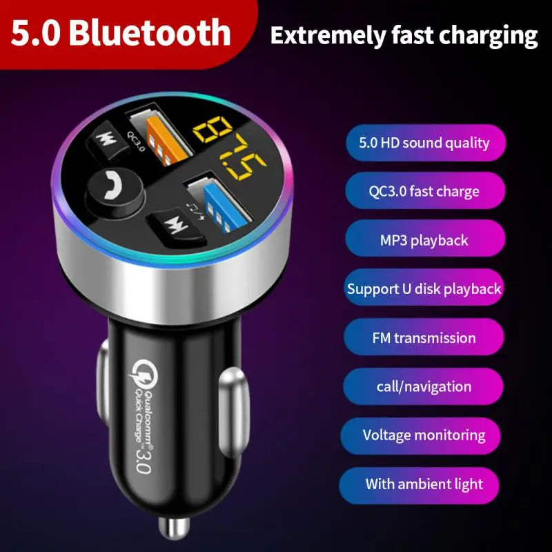 Car Bluetooth 5.0 FM Transmitter Digital Display Dual USB Multifunctional Fast Charger MP3 Player Cigarette Lighter Accessories