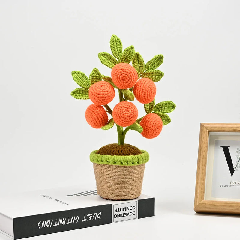 Artificial Crochet Orange Plants Bonsai Fake Flowers Potted For Bedroom Home Garden Living Room Desk Outdoor New Year Decoration
