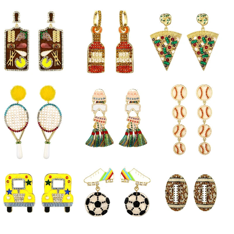 Crystal Tennis Racket & Ball Lovers Players Holiday Best Friends Gift Bead Rhinestone Statement Sports Earrings For Women Teens