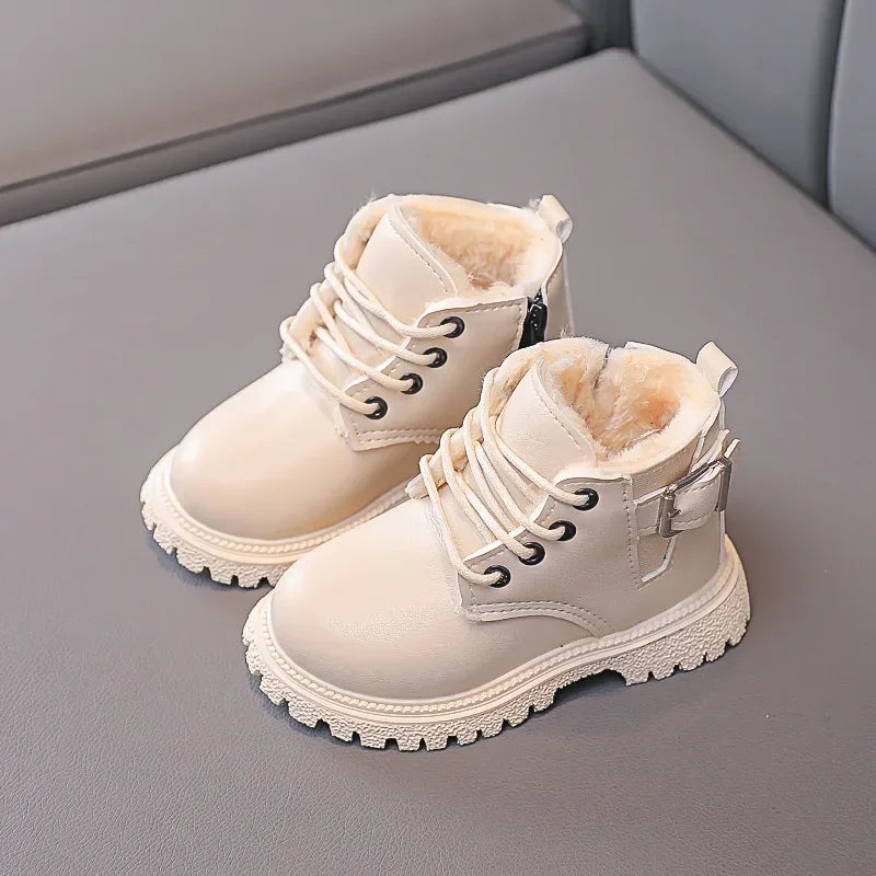 Baby Kids Short Boots Fashion Toddler Girls Booties Kids Snow Boots Winter Plush Children Waterproof Leather Boots