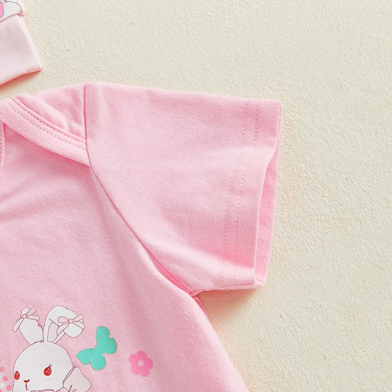Adorable Baby Girls Easter Bunny Outfit Set with Romper Pants and Hat - Short Sleeve with Bow Pattern - 3 Pieces