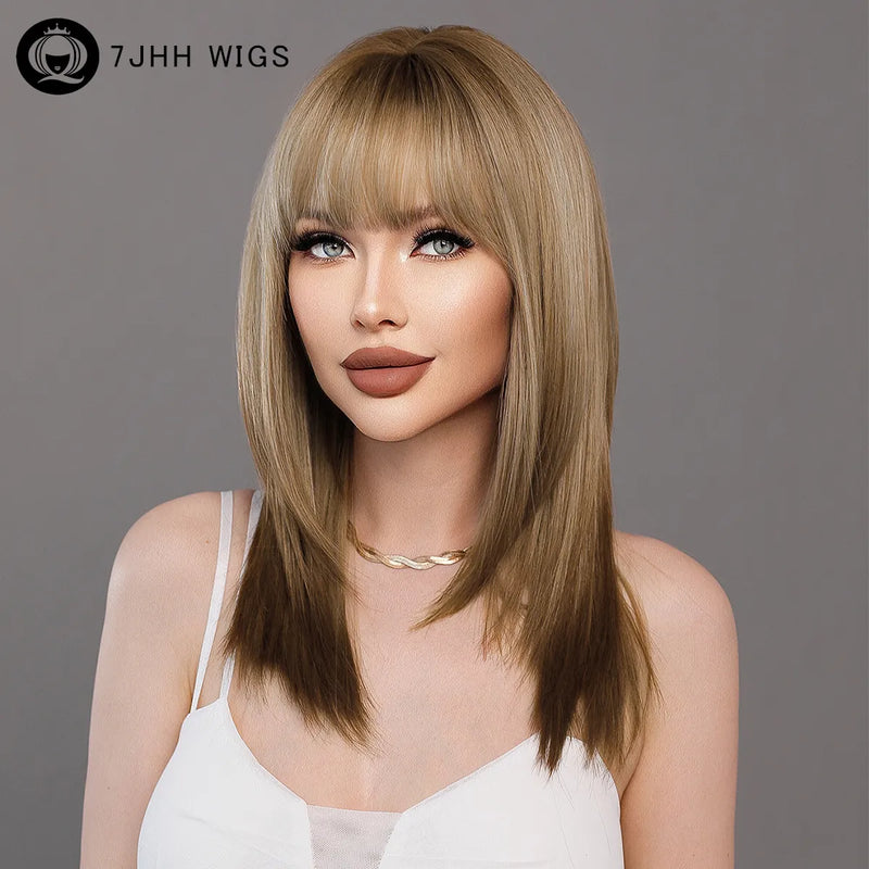 7JHH WIGS Synthetic Brown Ombre Blonde Wigs with Bangs Natural Soft Straight Layered Hair Wig for Women Daily Party High Density