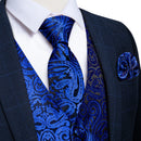Luxury Men's Suit Vest Royal Blue Paisley Waistcoat with Neck Tie Handkerchief Cufflinks Wedding Prom Tuxedo Sleeves Vest