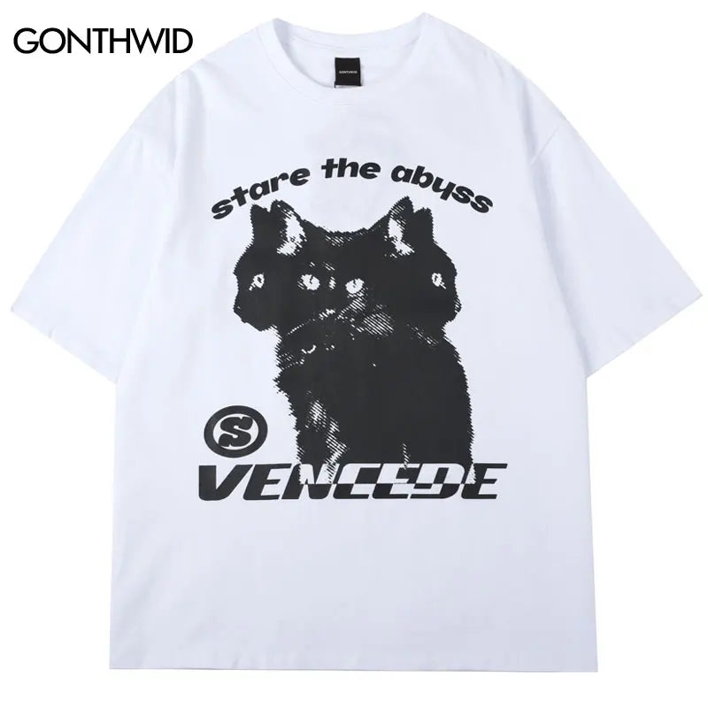 Summer Men Cotton T-Shirt Fashion Tops Tees Male Casual Clothing Short Sleeve Streetwear Cats Stare The Abyss Graphic T-shirt