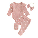 Cute Heart Print Baby Girls Clothes Set Toddler Spring Fall Outfits Long Sleeve Romper + Pants + Headband Set 3PCS Infant Suits