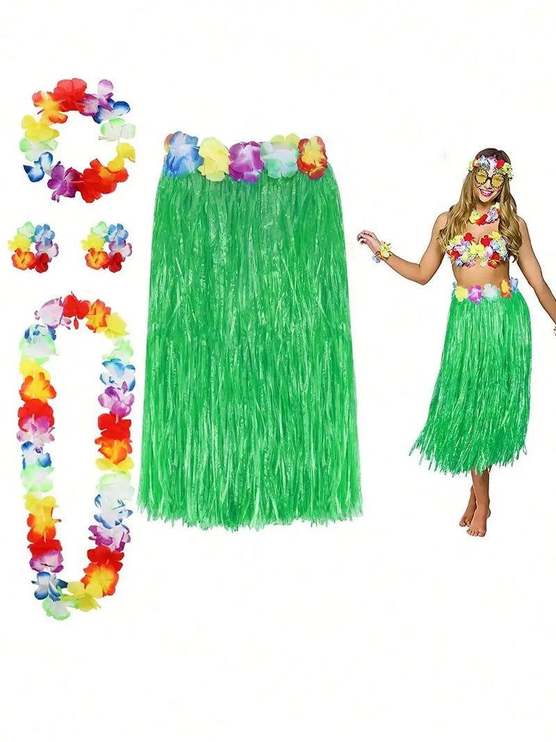 5pcs-Hawaii Hula Dress + 2 wristbands 2 garlands - Hibiscus Flower Birthday Tropical party decorations Hawaiian Hula Skirt Tropi