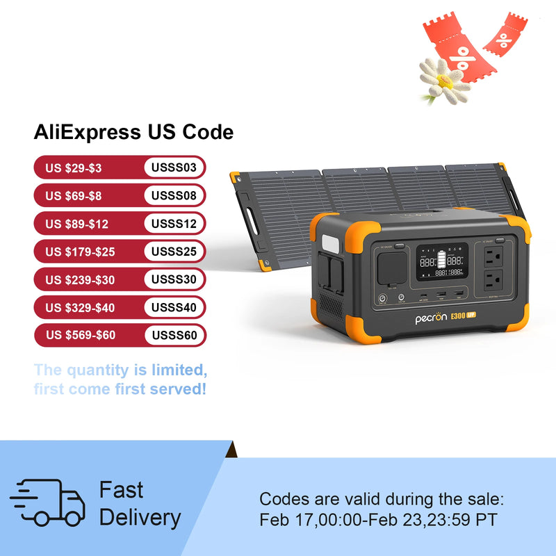 Pecron E300LFP Portable Power Station with 100W Portable Solar Panel(Included) Pure Sine Wave 288Wh 600W Solar Generator Camping