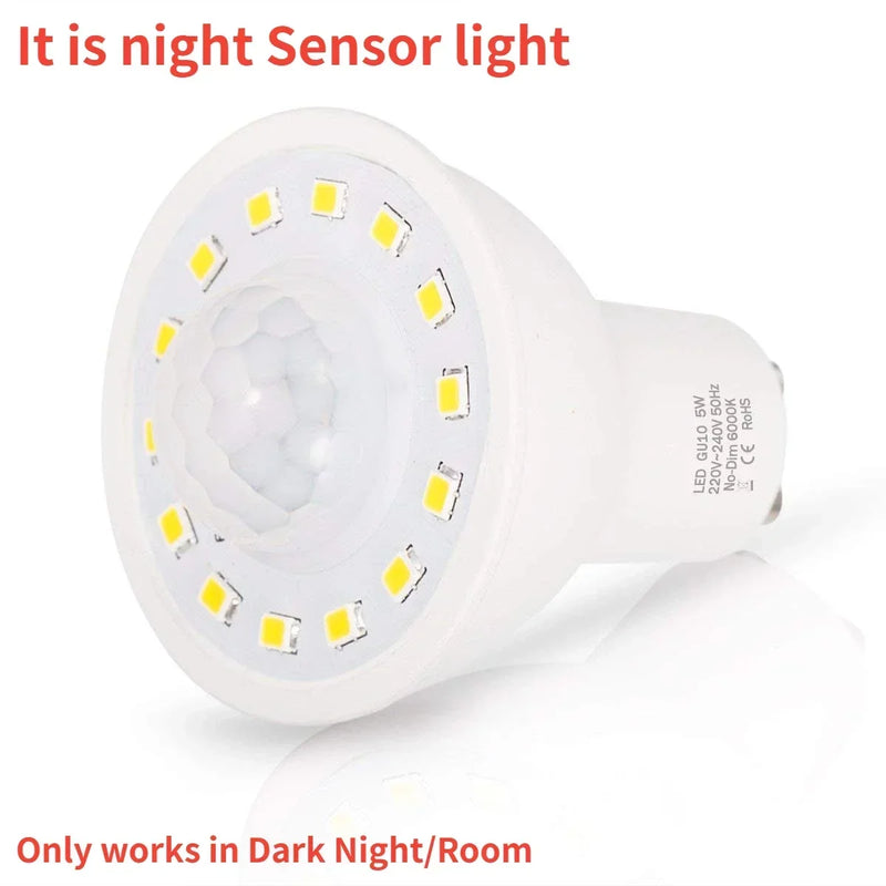 GU10 PIR Motion&Night Light Sensor LED Bulbs 5W,50W Equivalent 500lm Day White for Stairs Garage Corridor Walkway Hallway 2Pack