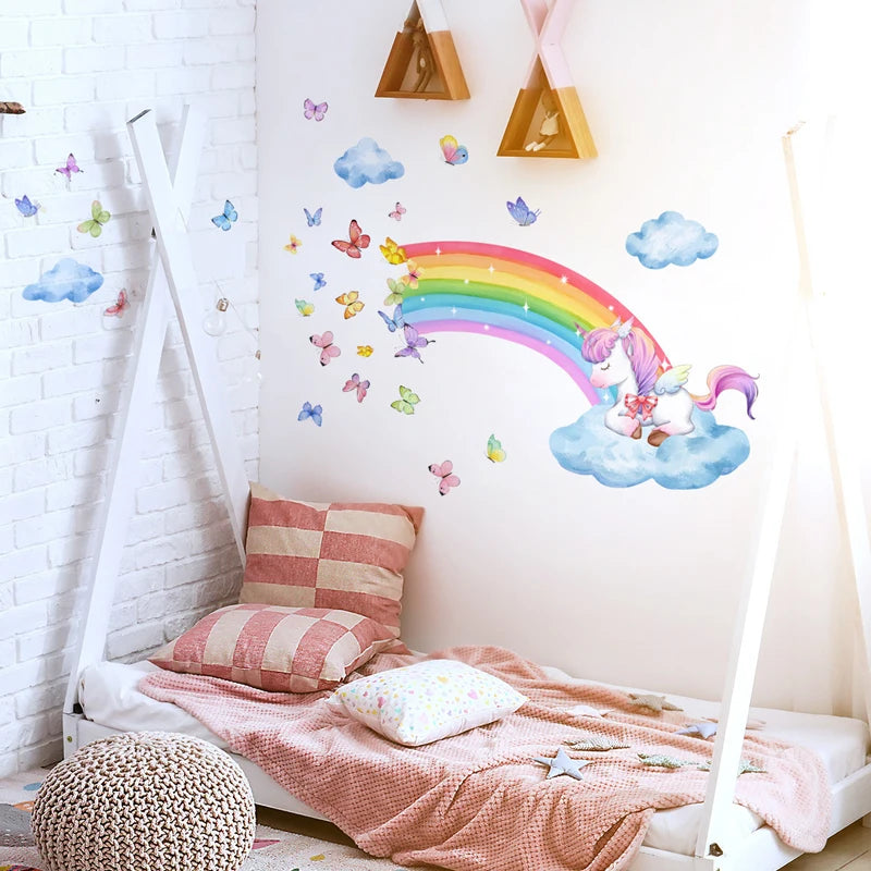 Unicorn Rainbow Cloud and Butterfly Wall Sticker Background Wall Living Room Decoration