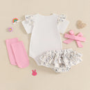 Adorable Baby Easter Outfit with Bunny Print Romper Ruffled Shorts Headband and Long Socks - 4 Piece Set for Your Little Girl