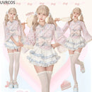 Pink Kawaii Lolita Style Skirt Set Women Cute Cat Print Bow Blouse Ruffles Mini Cake Skirts Suits Female Korean Y2k 2 Piece Sets