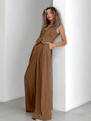 Mumaroho 2024 Women Spring Summer Office Pant Set Striped Khaki Outfits V-neck 2 Two Piece Matching Suit Set For Women