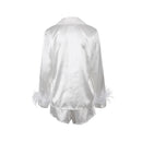 Damen-Pyjama, 2-teilig, Patchwork, Federbündchen, einfarbig, langärmeliges Revers-Knopfhemd mit kurzen Hosen, lockere Loungewear-Outfits