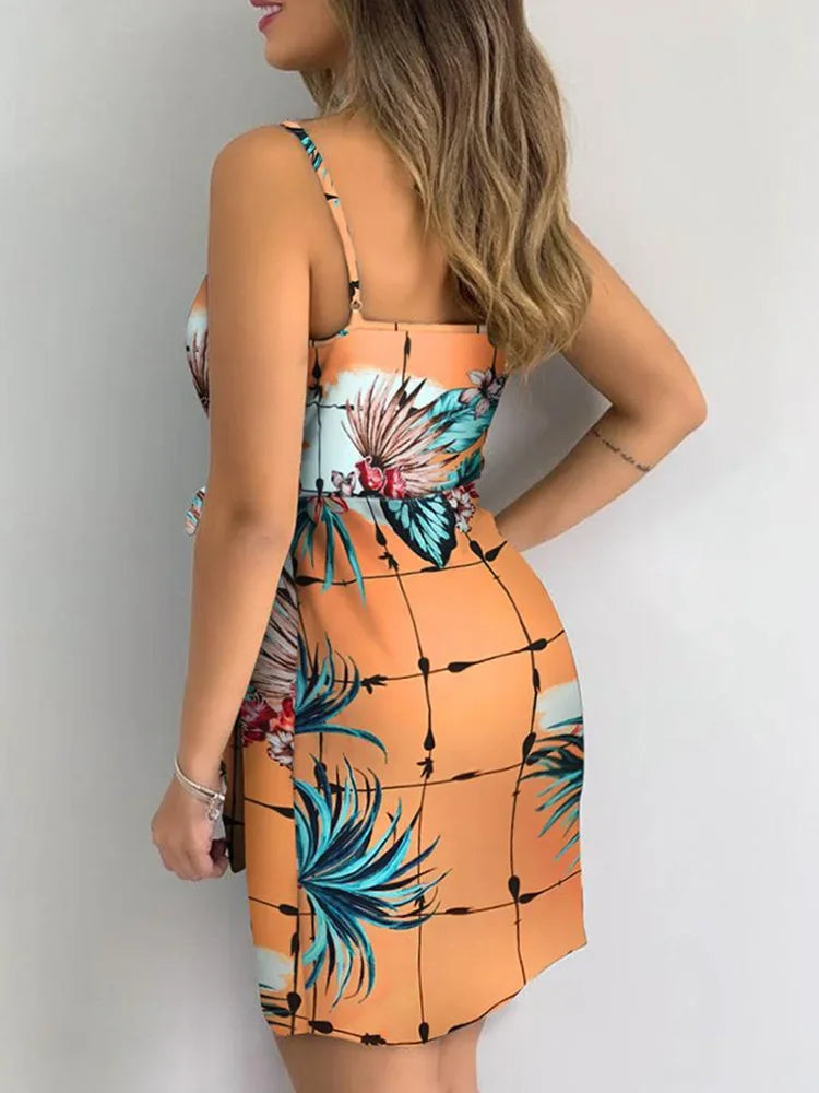 Tropical Print V-Neck Wrap Casual Dress Women Sleeveless Summer Holiday Mini Dress