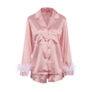 Damen-Pyjama, 2-teilig, Patchwork, Federbündchen, einfarbig, langärmeliges Revers-Knopfhemd mit kurzen Hosen, lockere Loungewear-Outfits