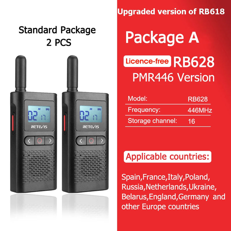 Retevis RB628 Walkie Talkie Rechargeable 1500mAh Portable Two-way Radios Large LCD Screen Emergency For Hunting Camping(2 Pcs)