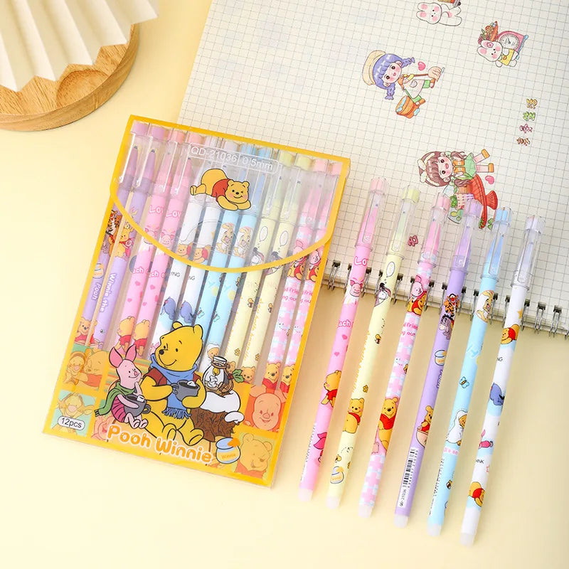 New 12/24pcs Disney Gel Pen Mickey Winnie Lotso Students Kawaii Stationery Write Pens 0.5 Black Blue School Kids  Signature Pens