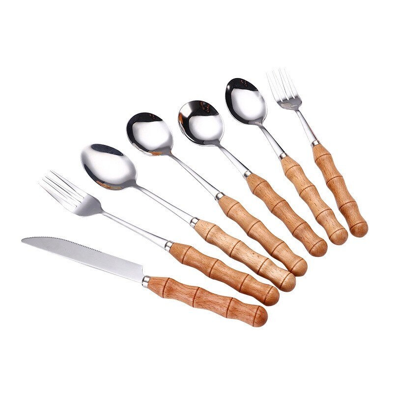 4pcs/24pcs Cutlery Set Stainless Steel Wooden Handle Utensils For Kitchen Fork Spoons Knives Dinner Set Tableware Sets Wholesale